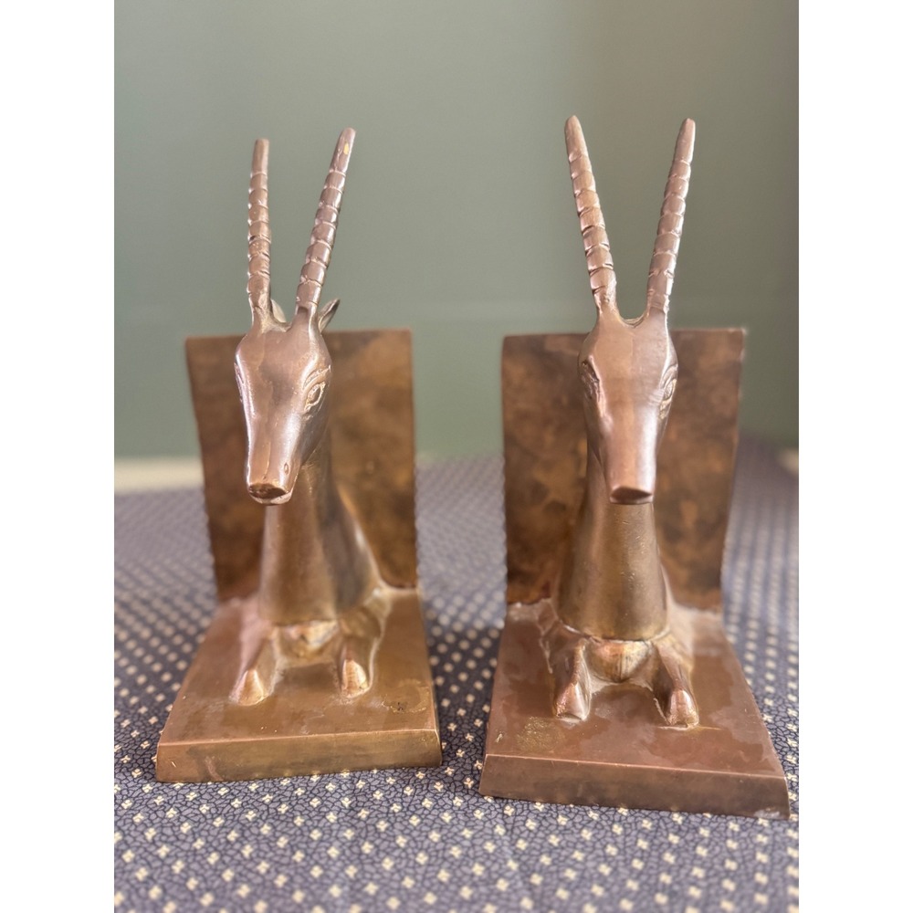 Vintage Brass Gazelle Bookends Antelope Impala Mid Century Modern Decor Set of 2